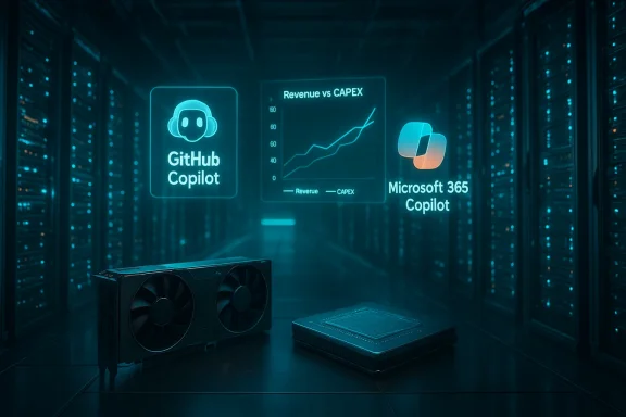 Futuristic data center with holographic dashboards for GitHub Copilot and Microsoft 365 Copilot.