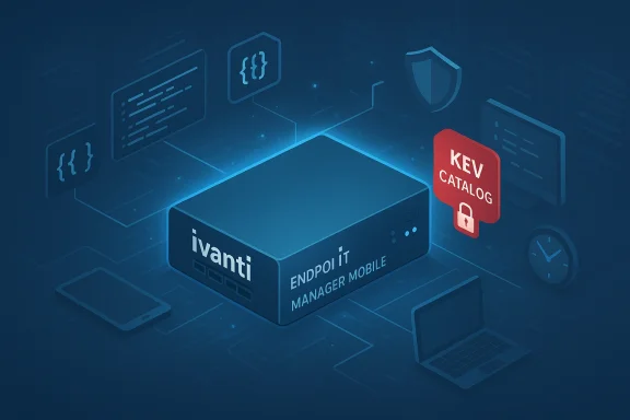 Ivanti Endpoint Manager Mobile server with KEV Catalog tag in a blue digital network scene.
