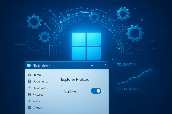 Blue, futuristic Windows UI featuring a File Explorer pane and a telemetry chart.