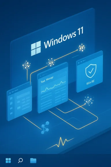 Windows 11 concept art with blue isometric dashboards featuring Task Manager and WinRE panels.