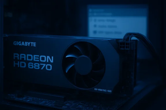 Blue-tinted Gigabyte Radeon HD 6870 graphics card installed in a PC.