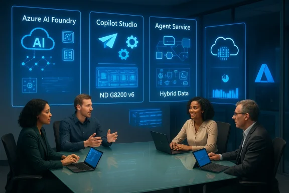Four professionals in a blue-lit conference room discuss Azure AI and data solutions.