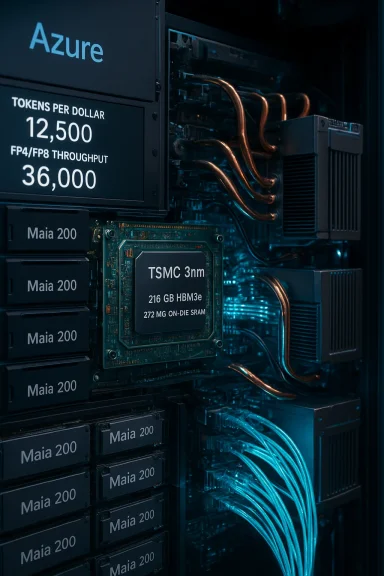 Azure-branded data center server rack with a TSMC 3nm chip and Maia 200 storage modules.