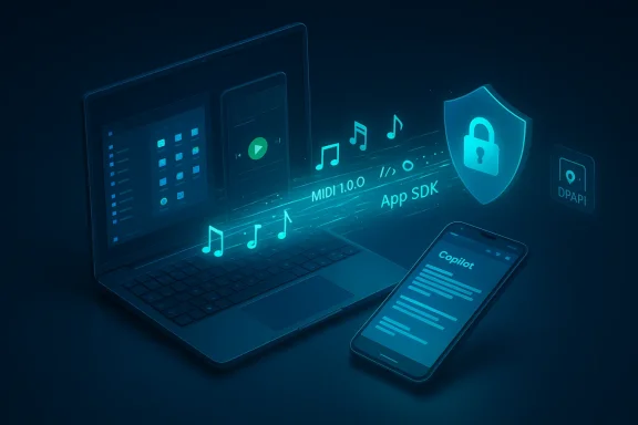 A futuristic scene with a laptop and phone, holographic app icons, MIDI 1.0, App SDK, and a security shield.