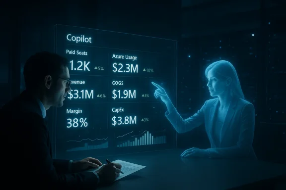 Two professionals review cloud metrics on a holographic Copilot dashboard.