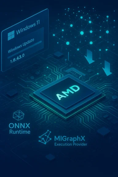 Blue futuristic tech art featuring an AMD chip, a Windows 11 Update panel, and ONNX/MIGraphX logos.