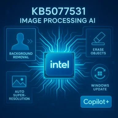 Intel AI image-processing hub offering background removal, erase objects, auto-res, Windows Update, and Copilot+. Intel AI image-processing hub offering background removal, erase objects, auto-res, Windows Update, and Copilot+.
