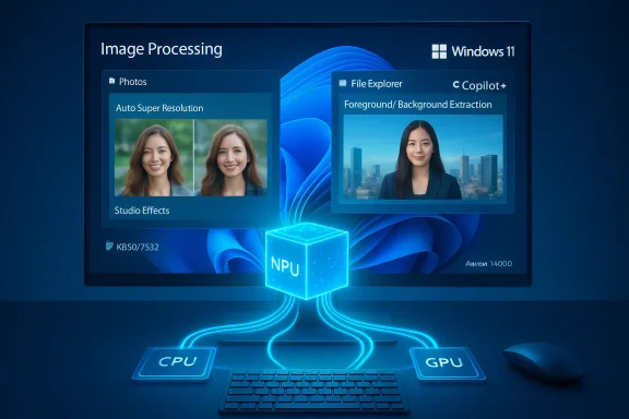 Windows 11 showcases AI image processing with NPU acceleration for CPU and GPU.