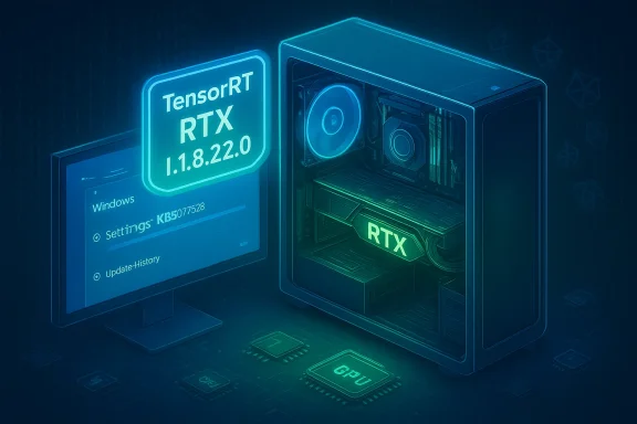 Neon blue futuristic PC with glowing RTX GPU, TensorRT RTX 1.8.22.0 label, and a Windows settings display.