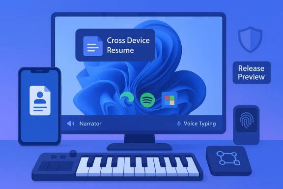Blue-toned desk setup showcasing a Cross Device Resume across phone and monitor.