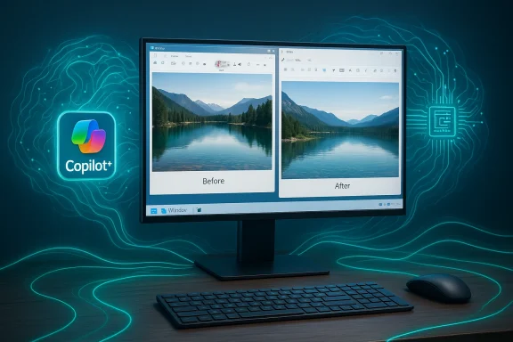 A computer monitor displays a before/after photo comparison with the Copilot+ logo on the left.