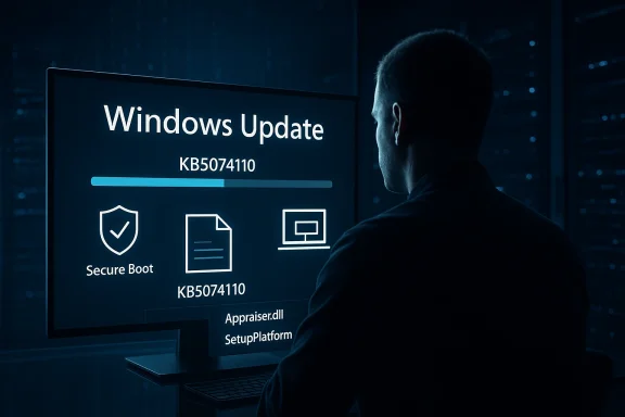 A person monitors a Windows Update screen showing KB5074110 and a progress bar.
