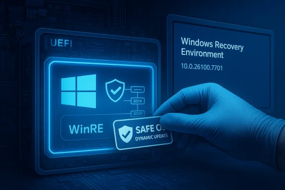 A gloved hand places a 'Safe OS Dynamic Update' badge on a Windows Recovery Environment screen.