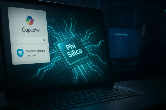 Laptop screen shows Copilot+ UI beside a glowing Phi Silica chip on a circuitboard.