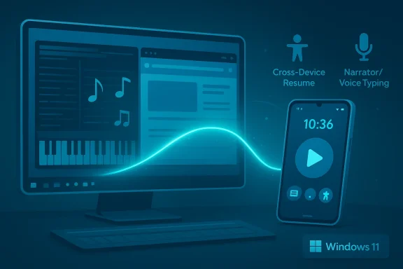 Blue-toned desktop and phone setup showing cross-device resume and voice typing with Windows 11.