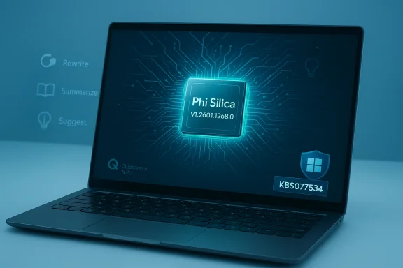 A laptop screen shows a glowing Phi Silica chip surrounded by circuitry.