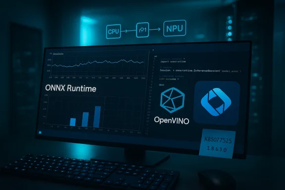 Blue-lit workstation displaying ONNX Runtime and OpenVINO dashboards with code and charts.