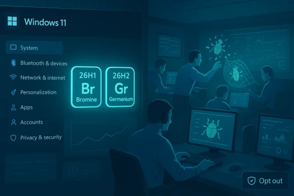 Windows 11 settings panel overlaid on a futuristic lab with scientists analyzing data.