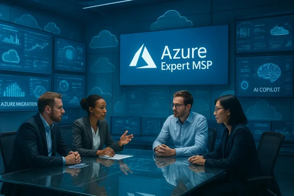 Four professionals discuss Azure Expert MSP strategy in a cloud-focused conference room.