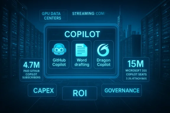 Neon blue data-center dashboard showcasing Copilot suite: GitHub Copilot, Word drafting, Dragon Copilot. Neon blue data-center dashboard showcasing Copilot suite: GitHub Copilot, Word drafting, Dragon Copilot.
