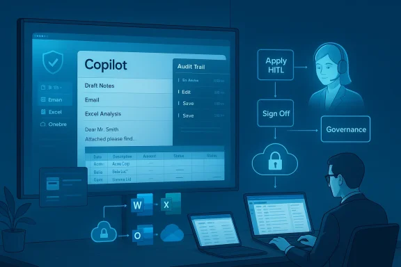 Blue-tinted office scene showing a Copilot dashboard with audit trail and governance flow.
