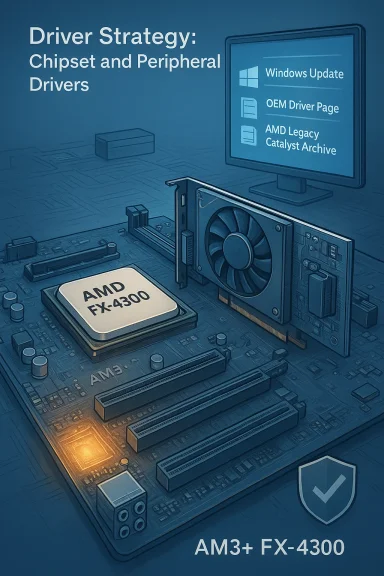 Blue-toned schematic illustration of an AM3+ AMD FX-4300 CPU on a motherboard with a GPU card.