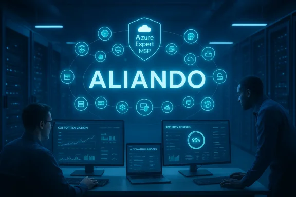 Two IT professionals monitor dashboards in a server room beneath a blue holographic ALIANDO Azure Expert MSP display.