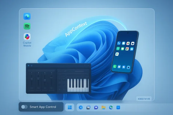 A futuristic UI window showing app icons, a smartphone, and a keyboard on a blue abstract background.