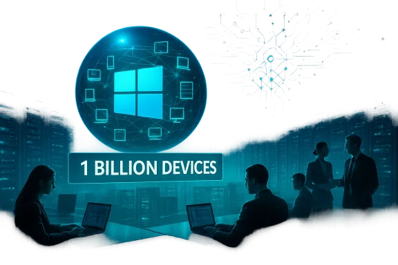 A futuristic data-center briefing with a glowing Windows globe and a “1 BILLION DEVICES” banner.