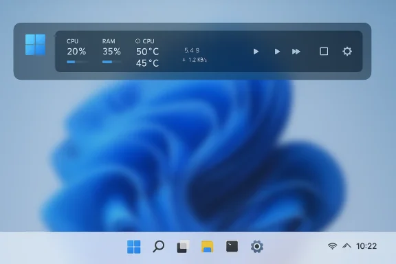 A translucent system monitor HUD with CPU, RAM, temps and media controls over a blue background.