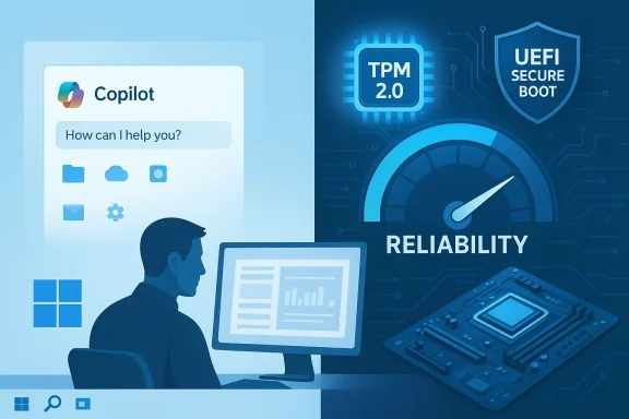 Blue split-screen illustration: AI Copilot on the left, reliability and security tools on the right.