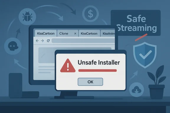 A computer monitor shows an 'Unsafe Installer' warning popup amid security-themed graphics.