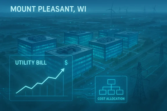 Blue aerial view of Mount Pleasant, WI, with overlays of utility bill and cost allocation graphics.