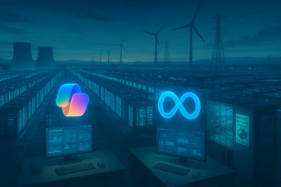 Futuristic data center with neon blue logos, endless rows of servers, wind turbines and cooling towers in the distance.