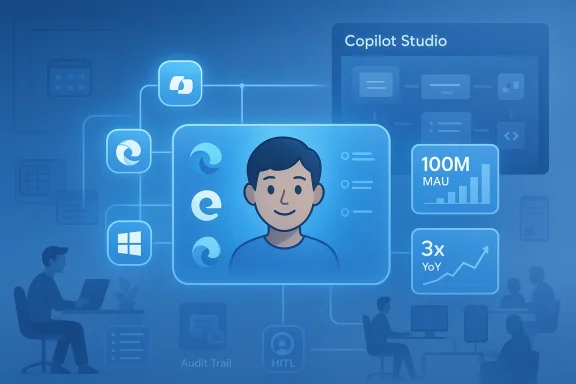 Blue tech illustration of a user avatar connected to Copilot Studio dashboards and analytics.