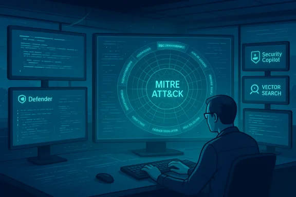 Analyst monitors MITRE ATT&CK on a multi-screen radar display.