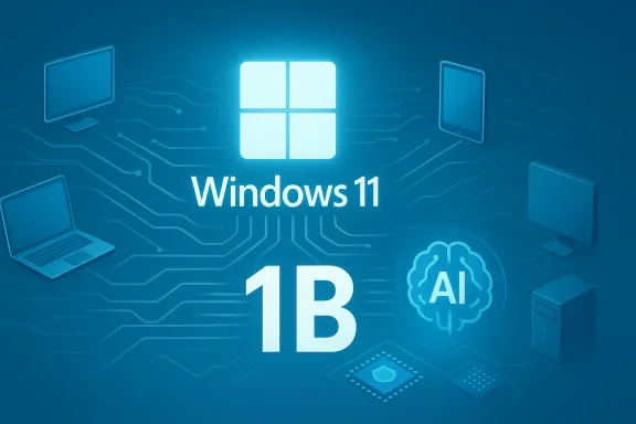 Blue AI-themed Windows 11 graphic showing a glowing Windows logo, large 1B and circuit lines.