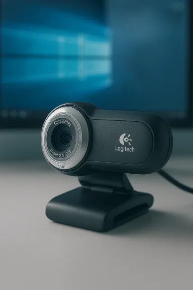 A Logitech webcam with a Carl Zeiss lens sits on a small stand on a desk in front of a blurred blue monitor.