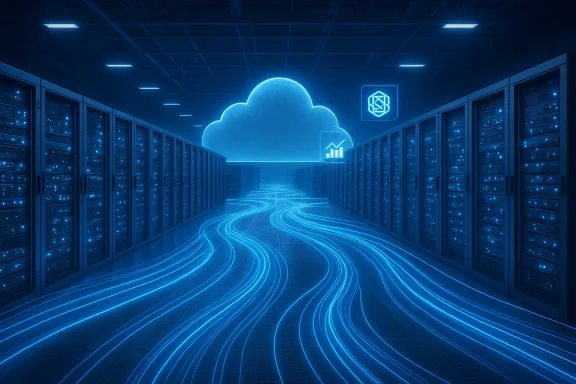 A blue-lit data center with rows of server racks and glowing cloud data streams.