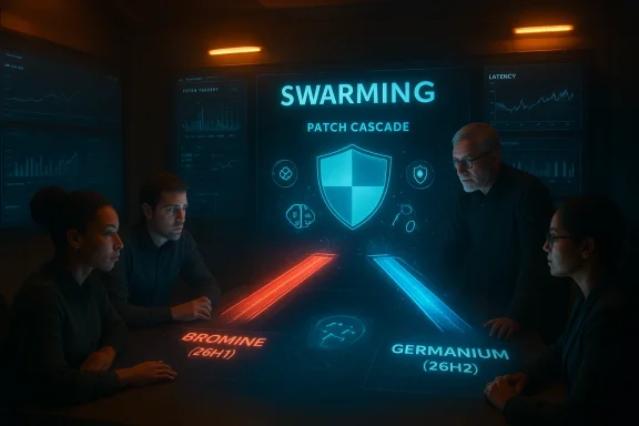Four professionals study a neon holographic dashboard labeled “SWARMING PATCH CASCADE.”