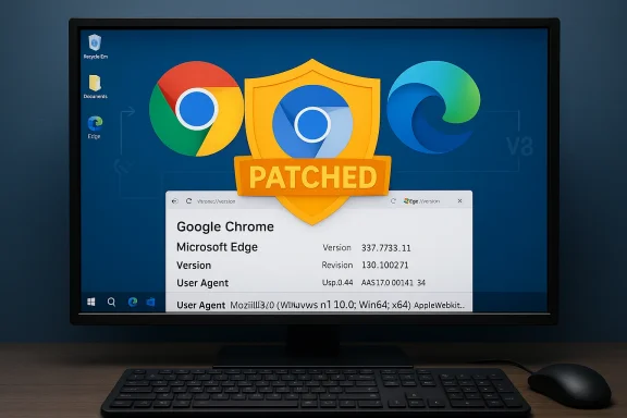 A computer monitor shows a large PATCHED shield over Chrome and Edge logos on Windows.