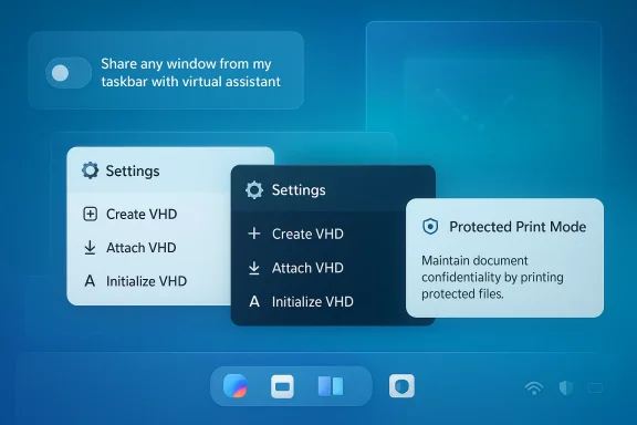 Blue UI with overlapping Settings panels and a Protected Print Mode card.