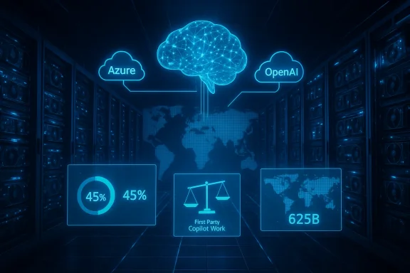 Blue neon data center with a glowing brain cloud connecting Azure and OpenAI, plus world-map metrics.