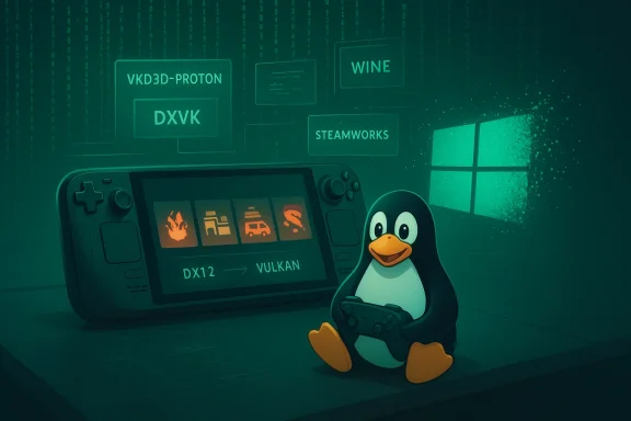 Penguin mascot plays a handheld console as DX12 transitions to Vulkan in a Linux gaming scene.