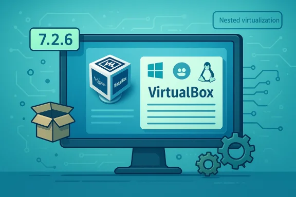 VirtualBox illustration on a monitor featuring version 7.2.6 with Windows/Linux icons and nested virtualization.
