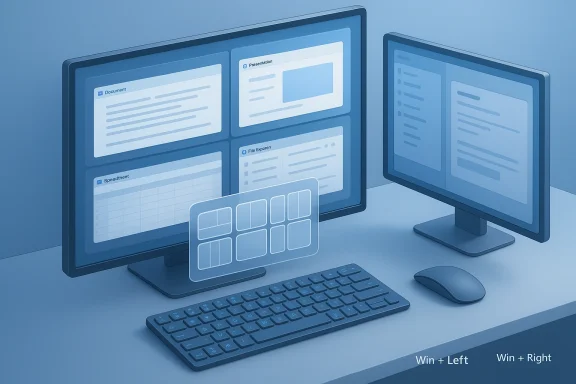 Blue-toned dual-monitor desktop demonstrating window-snapping (Win+Left/Right) with keyboard and mouse.