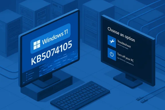 Two monitors in a blue data-center scene show Windows 11 boot screen and a recovery options menu.