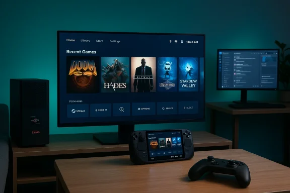 Modern gaming setup with a large monitor showing a Steam library, a handheld console, a PC tower, and a secondary monitor.