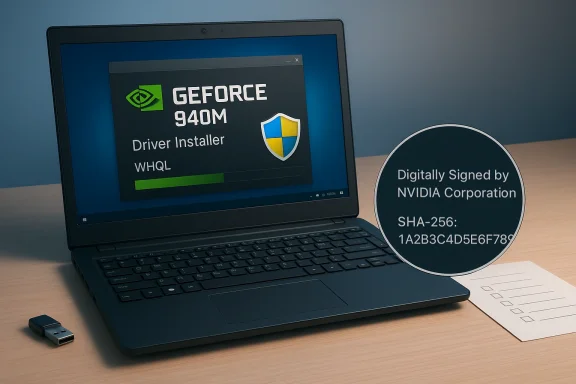 Laptop displaying GeForce 940M driver installer, digitally signed by NVIDIA.