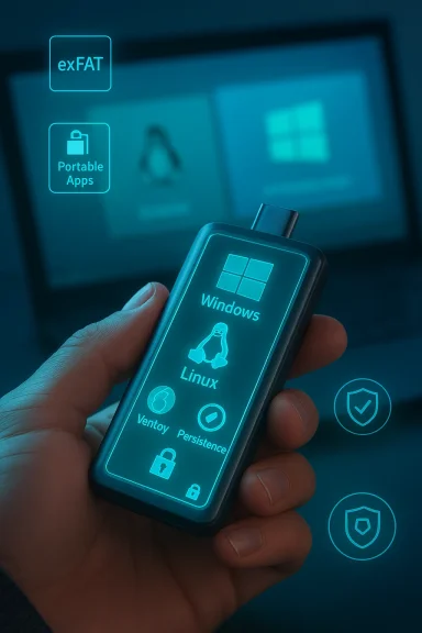A handheld USB boot drive displays Windows and Linux icons with holographic UI overlays.